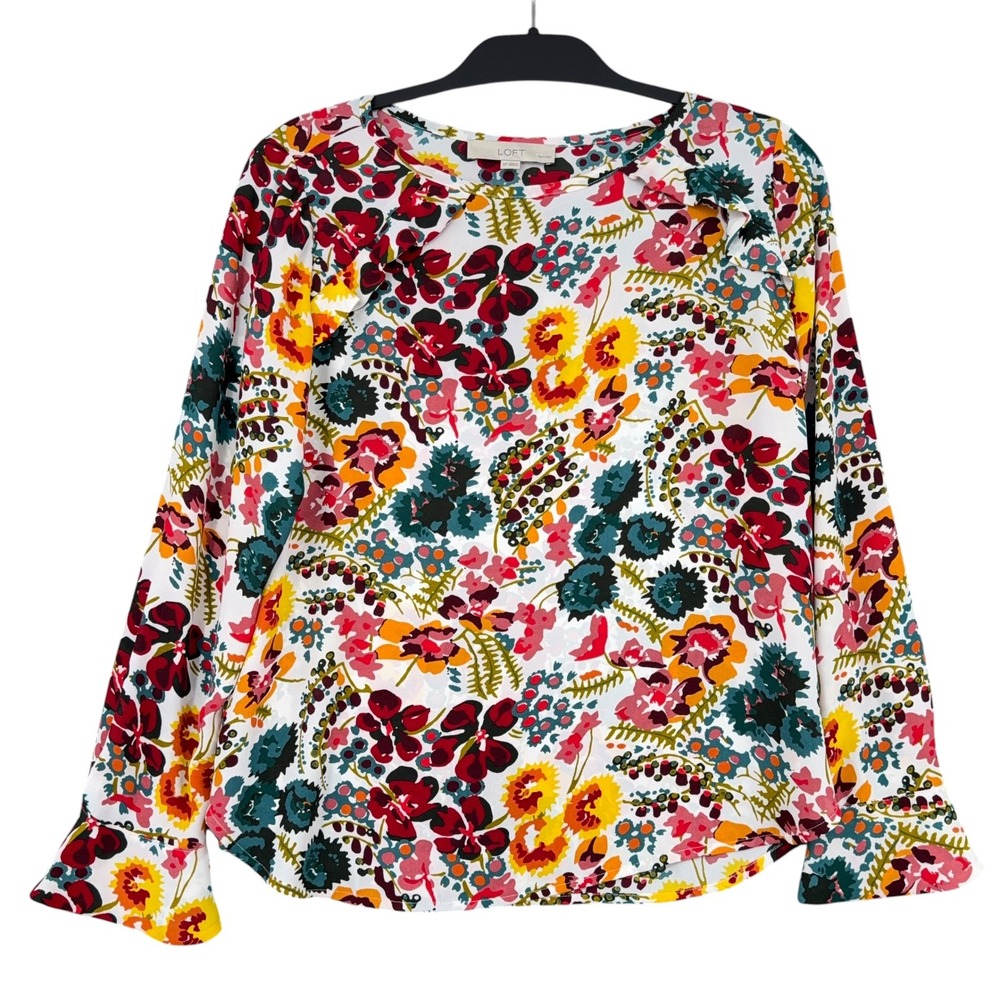 LOFT Floral Ruffle Blouse Women MP Polyester Multicolor Long Sleeve Blouse